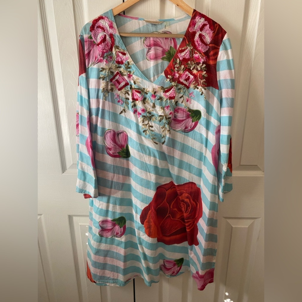Soft Surroundings Blue Striped Floral Embroidered V-Neck Boho‎ Shift Dress L